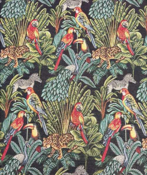 Tapestry fabric with a bold, multi-coloured rainforest design with animals and birds