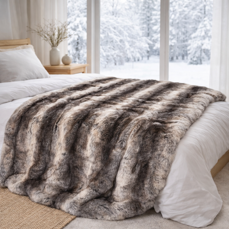 Dark Faux Fur Throw | Luxury Striped Fur Throw | Dark Chinchilla