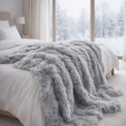 Light Grey Faux Fur Throw | Große graue Sofadecke | Graue Kunstfelldecken