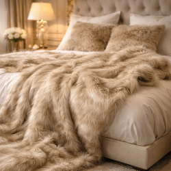 Beige Faux Fur Throw | Bed Faux Fur Throw | Long Haired Fur Throw