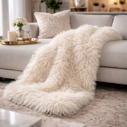 Mongolian Fur Blanket | Faux Sheepskin Throw | Cream Fur Throw