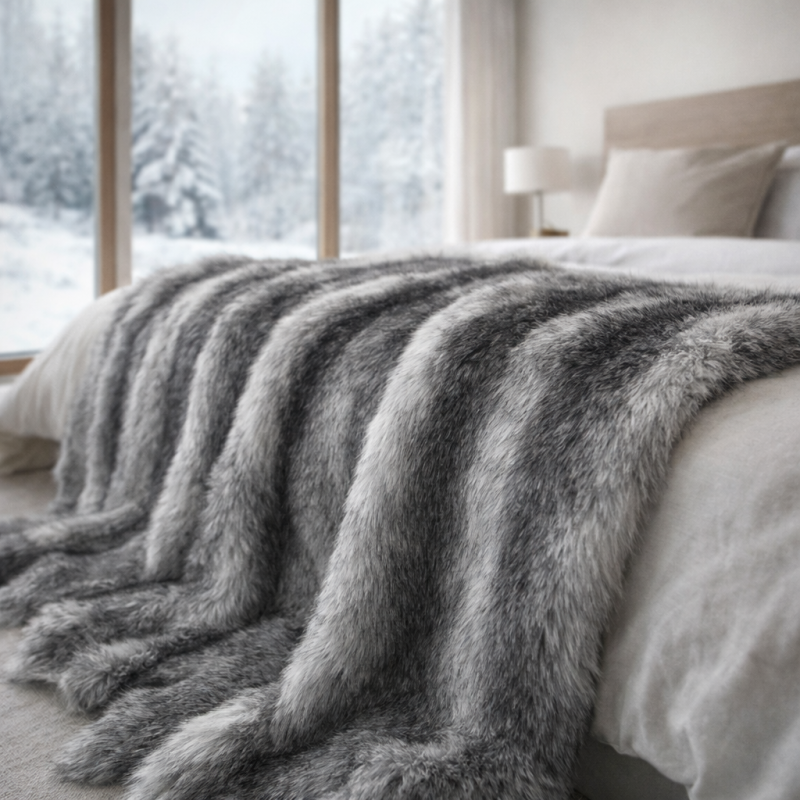 Gestreepte Faux Fur Plaids | Grijze Bont Spreien | Gestreepte Dekens