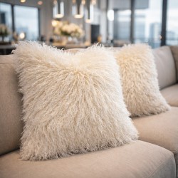 Cream Mongolian Faux Fur Cushion | Cream Curly Haired Fur Cushions |