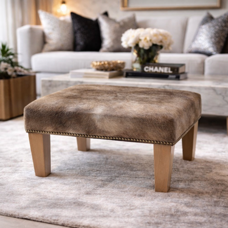 Medium Square Cowhide Footstool | Mottled Beige Square Foot Stool