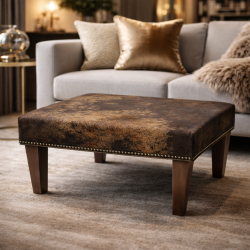 Medium Sized Cowhide Footstool | Brown Leather Hide Square Foot Stool