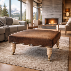 Tabouret en cuir de vache marron foncé | Véritable ottoman en cuir de vache marron
