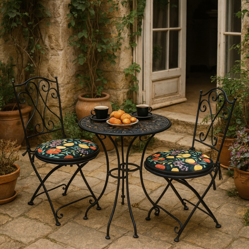 Ronde Bistro Zwarte Vruchten Gobelin Stoelkussens | Ronde Vruchten Stoelkussens