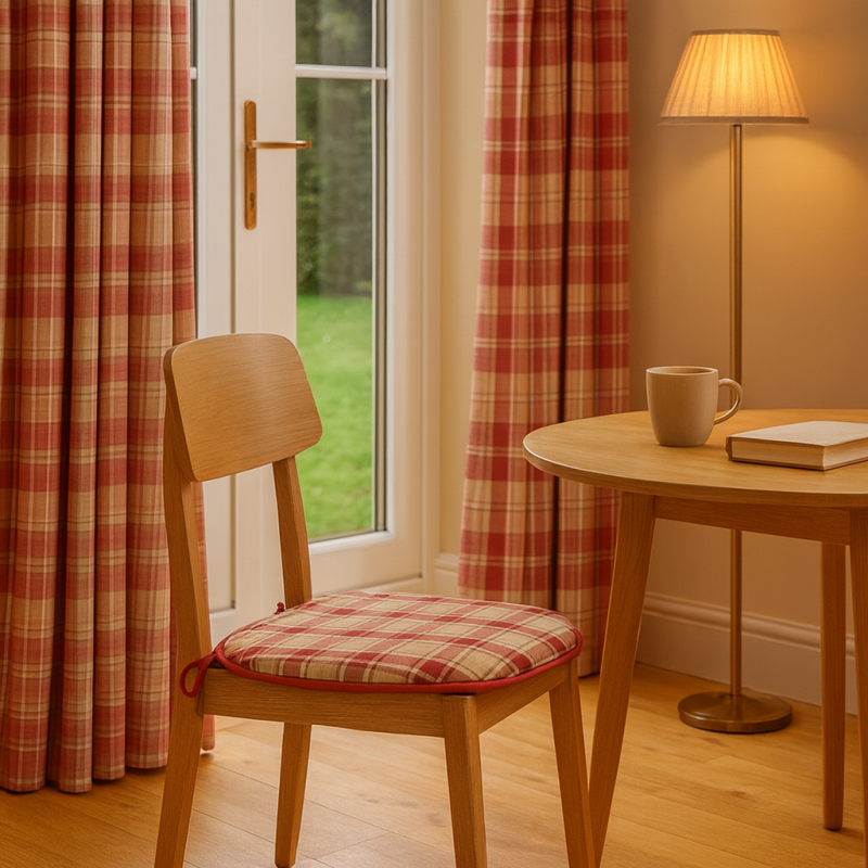 Cuscini per sedie a forma di D a quadri rossi delle Highlands| Cuscini per sedie a forma di D a tartan rosso |