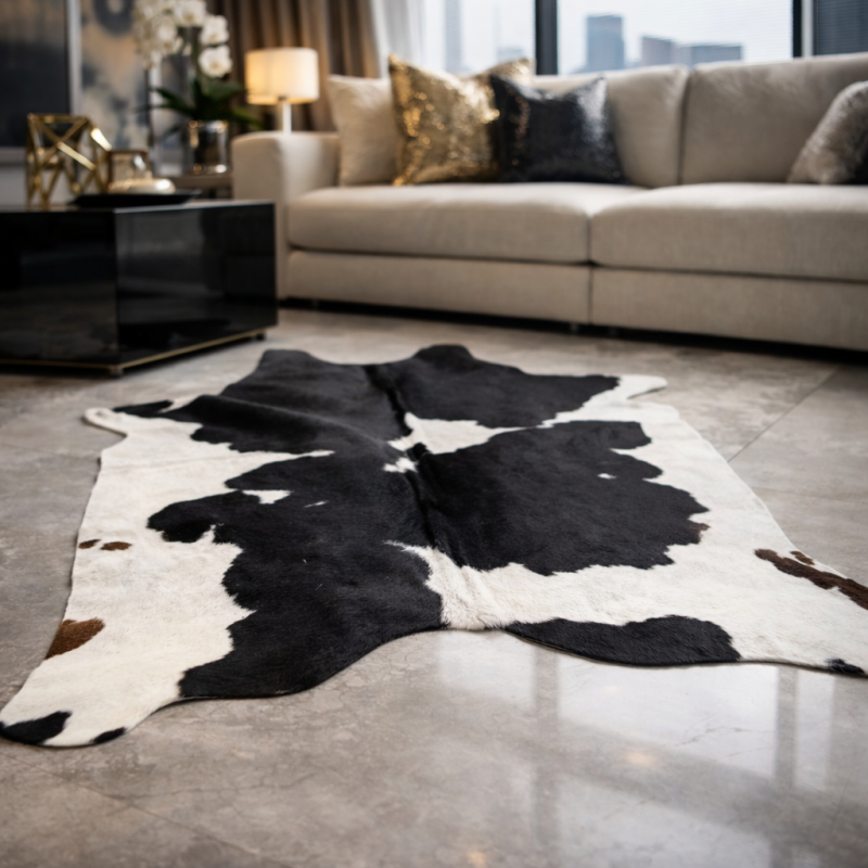 Tapis en peau de vache noir et blanc cassé très grand | Tapis en peau de vache X/Grand