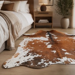 Großer braun-weißer Kuhfell-Teppich | Braun-weißes Kuhfell | Braunes Haar auf Fell