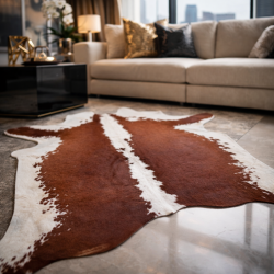 Grande peau de vache marron clair et blanche | Tapis en peau de vache marron rouge et blanche |