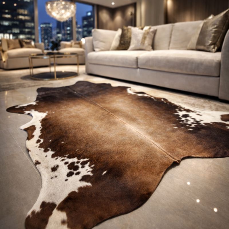 Grand Tapis en Peau de Vache Naturelle | Tapis en Peau de Vache Marron & Blanc | Poils Marrons sur Peau