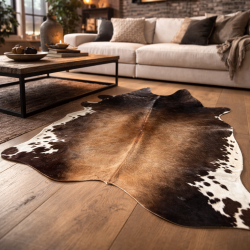 Grande Pelle Naturale di Mucca | Tappeto in Pelle di Mucca Marrone e Bianca | Pelle Marrone con Pelo