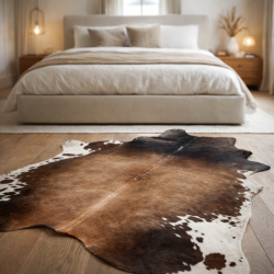 Grand Tapis en Peau de Vache Naturelle | Tapis en Peau de Vache Marron & Blanc | Poils Marrons sur Peau