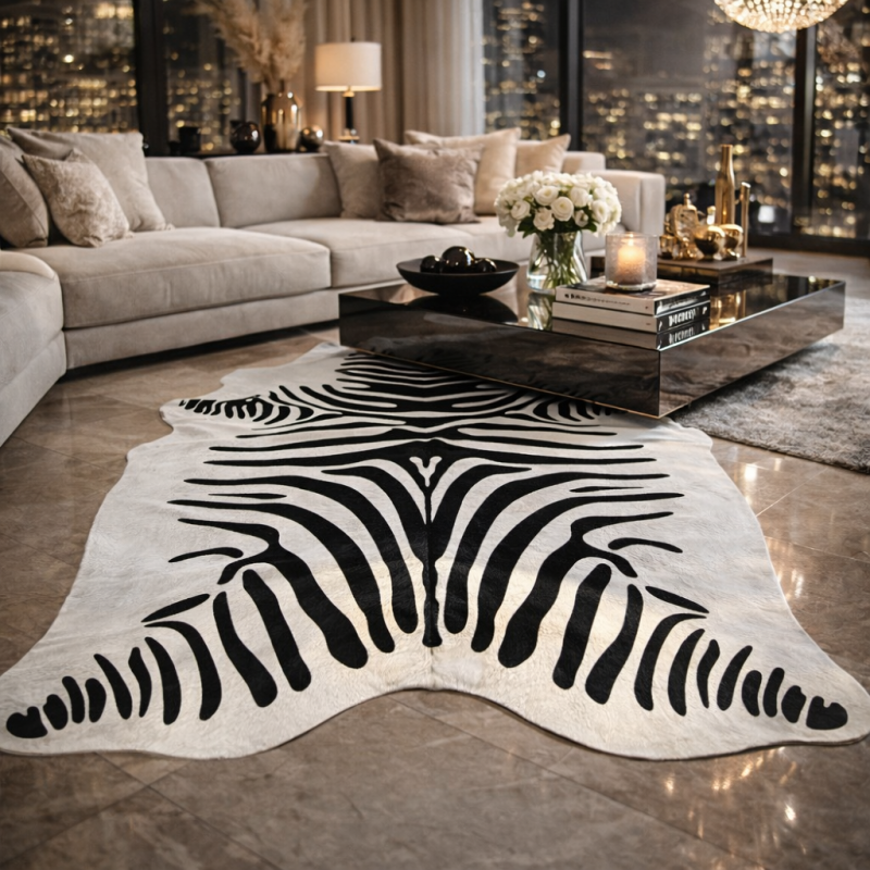 Grande Tappeto in Pelle di Mucca a Stampa Zebra| Grande Tappeto in Pelle di Mucca Zebra Bianco e Nero