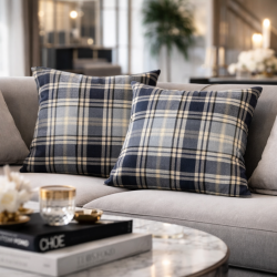 Highland Check Denim Kussens | Blauwe Geruite Kussens | Tartan Kussen