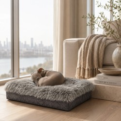 Großes echtes orthopädisches Hundebett aus Schaffell. Graues Memory-Foam-Hundebett
