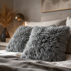Cuscini in Vera Pelle di Pecora 40cm | Coppia di Cuscini in Pelle di Pecora a Pelo Lungo Grigi