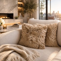 Coppia di cuscini in vera pelle di pecora a pelo lungo 40 cm Oyster