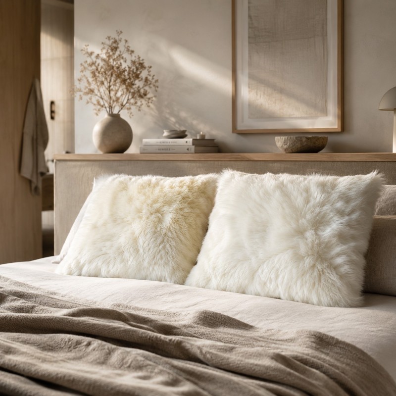 Paire de coussins carrés en véritable peau de mouton ivoire 50 cm