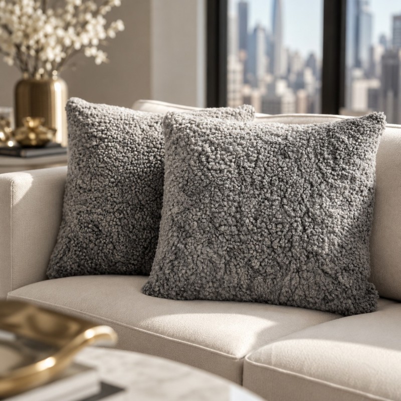 Paire de coussins en véritable peau de mouton gris shearling 40 cm