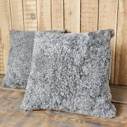 Paar grijze shearling kussens van echt schapenvacht 40 cm